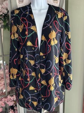 TALBOTS 100% Silk Open Collarless Blazer Multicolor Rope & Tassel Print Sz 6